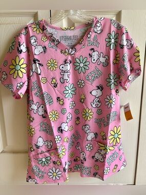 Peanuts Pink Snoopy & Woodstock Scrub Top